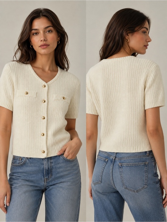 French Connection Sweaters - French Connection Cream Short-Sleeve Button Knit Cardigan
